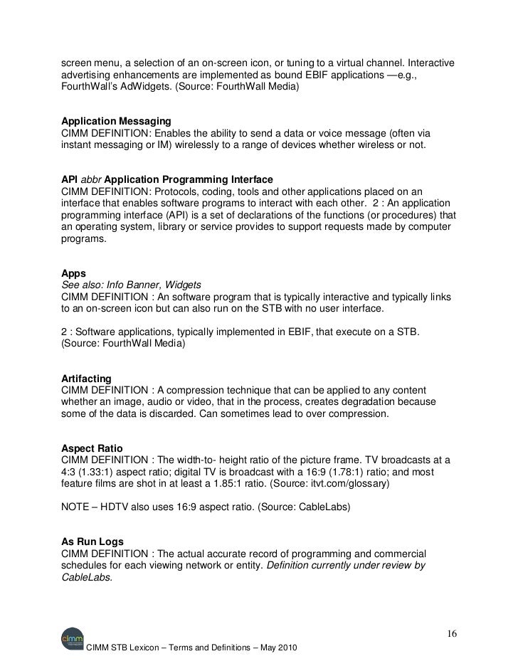 Cimm Set Top Box Stb Lexicon Glossary Of Terms May 2010