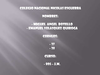 COLEGIO NACIONAL NICOLAS ESGUERRA

            NOMBRES:

      - MIGUEL ANGEL BOTELLO
   - EMANUEL VELASQUEZ QUIROGA

            CODIGOS:

                - 37
                - 38

             CURSO:

            - 805 – J.M.
 
