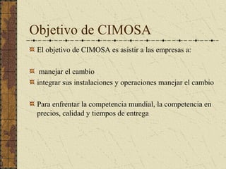 Objetivo de CIMOSA
El objetivo de CIMOSA es asistir a las empresas a:
manejar el cambio
integrar sus instalaciones y operaciones manejar el cambio
Para enfrentar la competencia mundial, la competencia en
precios, calidad y tiempos de entrega
 