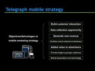 Telegraph mobile strategy

                              Build customer interaction

                             Data collection opportunity

 Objectives/Advantages to        Generate new revenue
 mobile marketing strategy   Facilitate content collection & distribution


                             Added value to advertisers

                             Provide bridge to younger audiences


                             Brand association new technology
 