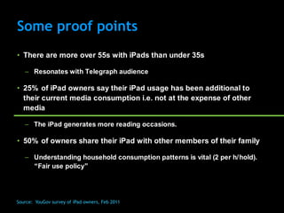 Some proof points
• There are more over 55s with iPads than under 35s

   – Resonates with Telegraph audience

• 25% of iPad owners say their iPad usage has been additional to
  their current media consumption i.e. not at the expense of other
  media

   – The iPad generates more reading occasions.

• 50% of owners share their iPad with other members of their family

   – Understanding household consumption patterns is vital (2 per h/hold).
     “Fair use policy”




Source: YouGov survey of iPad owners, Feb 2011
 