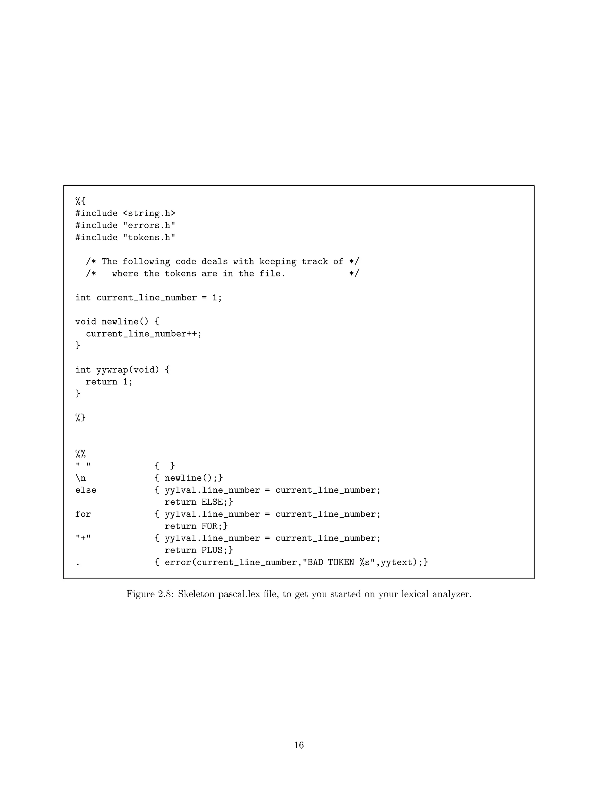 %{
#include <string.h>
#include "errors.h"
#include "tokens.h"
/* The following code deals with keeping track of */
/*
where the tokens are in the file.
*/
int current_line_number = 1;
void newline() {
current_line_number++;
}
int yywrap(void) {
return 1;
}
%}

%%
" "
n
else
for
"+"
.

{ }
{ newline();}
{ yylval.line_number = current_line_number;
return ELSE;}
{ yylval.line_number = current_line_number;
return FOR;}
{ yylval.line_number = current_line_number;
return PLUS;}
{ error(current_line_number,"BAD TOKEN %s",yytext);}
Figure 2.8: Skeleton pascal.lex ﬁle, to get you started on your lexical analyzer.

16

 