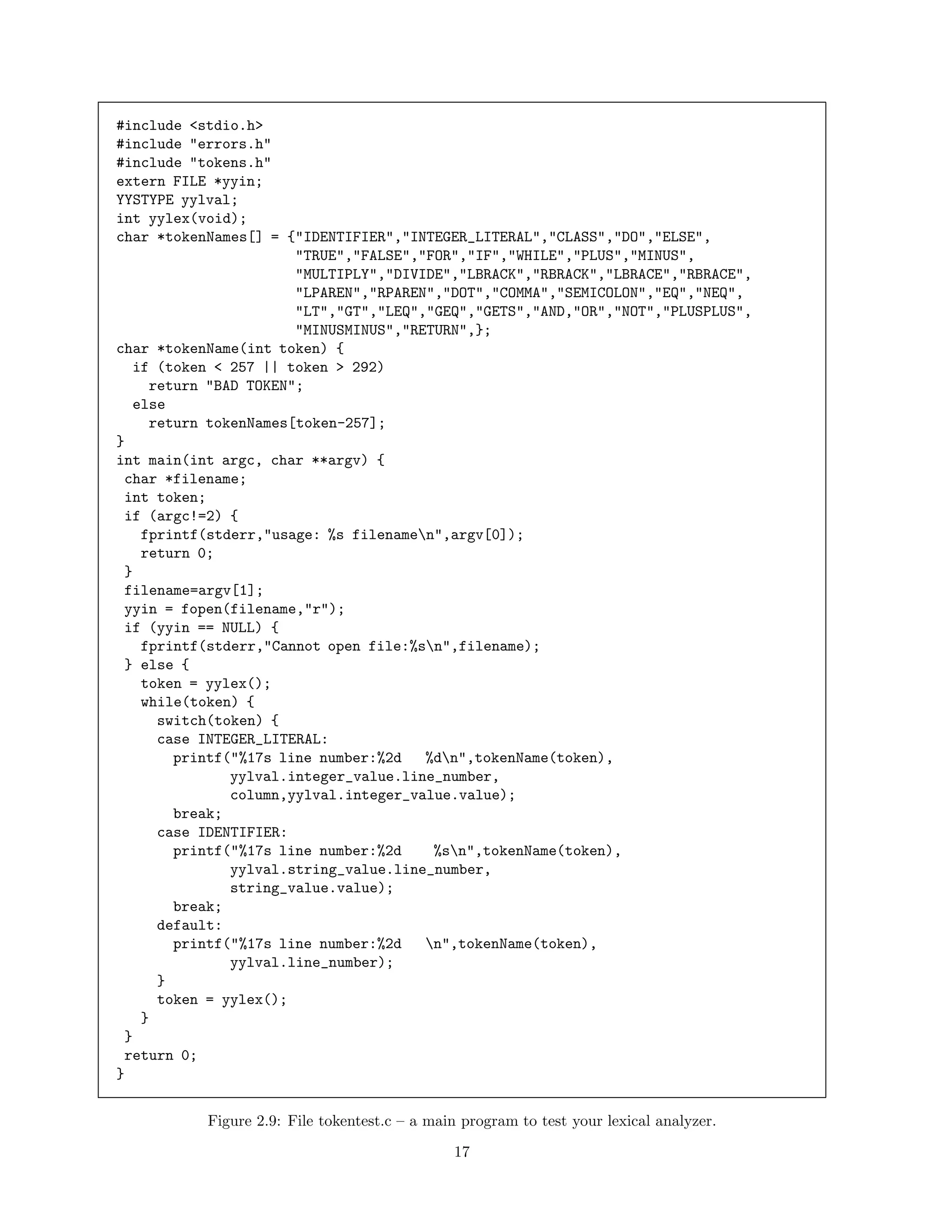 #include <stdio.h>
#include "errors.h"
#include "tokens.h"
extern FILE *yyin;
YYSTYPE yylval;
int yylex(void);
char *tokenNames[] = {"IDENTIFIER","INTEGER_LITERAL","CLASS","DO","ELSE",
"TRUE","FALSE","FOR","IF","WHILE","PLUS","MINUS",
"MULTIPLY","DIVIDE","LBRACK","RBRACK","LBRACE","RBRACE",
"LPAREN","RPAREN","DOT","COMMA","SEMICOLON","EQ","NEQ",
"LT","GT","LEQ","GEQ","GETS","AND,"OR","NOT","PLUSPLUS",
"MINUSMINUS","RETURN",};
char *tokenName(int token) {
if (token < 257 || token > 292)
return "BAD TOKEN";
else
return tokenNames[token-257];
}
int main(int argc, char **argv) {
char *filename;
int token;
if (argc!=2) {
fprintf(stderr,"usage: %s filenamen",argv[0]);
return 0;
}
filename=argv[1];
yyin = fopen(filename,"r");
if (yyin == NULL) {
fprintf(stderr,"Cannot open file:%sn",filename);
} else {
token = yylex();
while(token) {
switch(token) {
case INTEGER_LITERAL:
printf("%17s line number:%2d
%dn",tokenName(token),
yylval.integer_value.line_number,
column,yylval.integer_value.value);
break;
case IDENTIFIER:
printf("%17s line number:%2d
%sn",tokenName(token),
yylval.string_value.line_number,
string_value.value);
break;
default:
printf("%17s line number:%2d
n",tokenName(token),
yylval.line_number);
}
token = yylex();
}
}
return 0;
}
Figure 2.9: File tokentest.c – a main program to test your lexical analyzer.
17

 