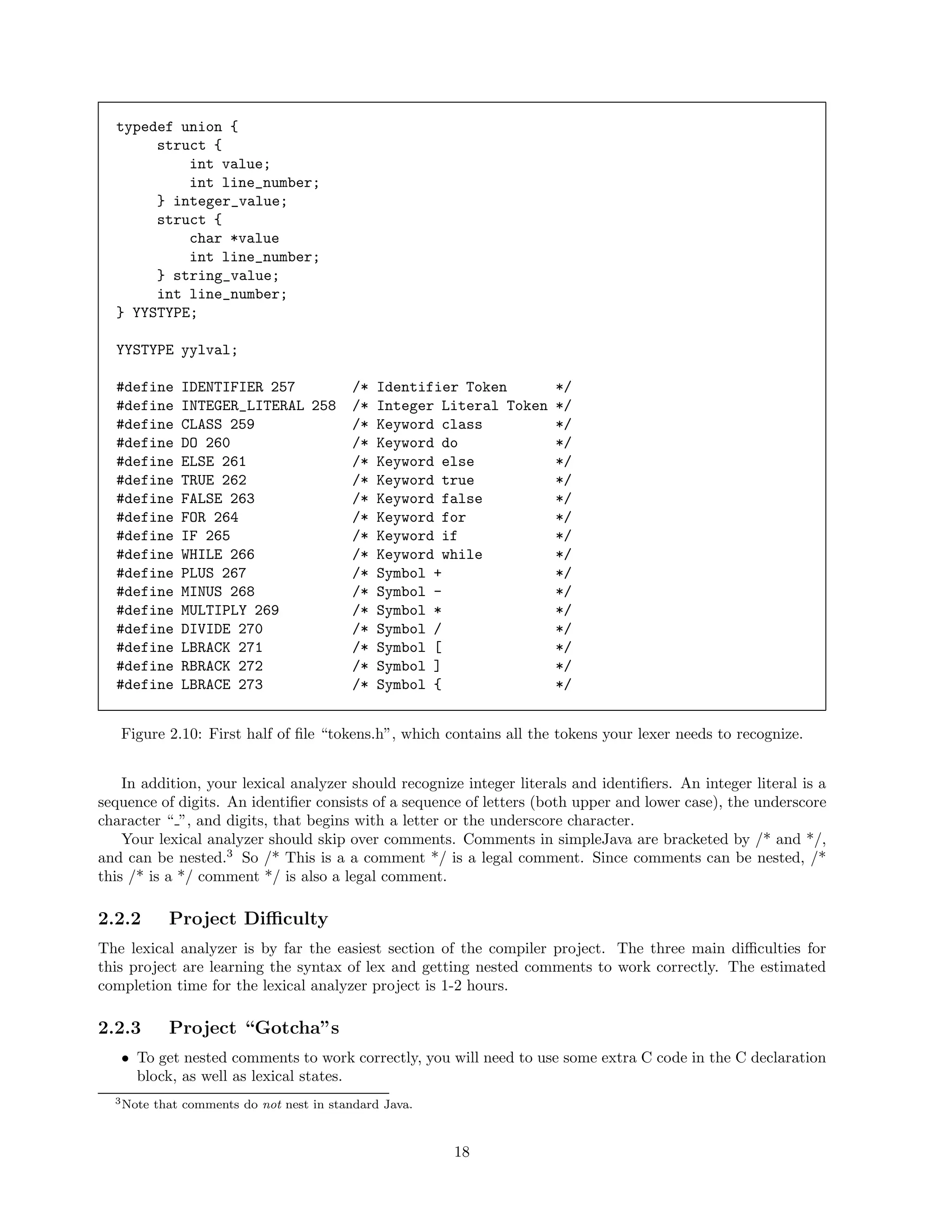 typedef union {
struct {
int value;
int line_number;
} integer_value;
struct {
char *value
int line_number;
} string_value;
int line_number;
} YYSTYPE;
YYSTYPE yylval;
#define
#define
#define
#define
#define
#define
#define
#define
#define
#define
#define
#define
#define
#define
#define
#define
#define

IDENTIFIER 257
INTEGER_LITERAL 258
CLASS 259
DO 260
ELSE 261
TRUE 262
FALSE 263
FOR 264
IF 265
WHILE 266
PLUS 267
MINUS 268
MULTIPLY 269
DIVIDE 270
LBRACK 271
RBRACK 272
LBRACE 273

/*
/*
/*
/*
/*
/*
/*
/*
/*
/*
/*
/*
/*
/*
/*
/*
/*

Identifier Token
Integer Literal Token
Keyword class
Keyword do
Keyword else
Keyword true
Keyword false
Keyword for
Keyword if
Keyword while
Symbol +
Symbol Symbol *
Symbol /
Symbol [
Symbol ]
Symbol {

*/
*/
*/
*/
*/
*/
*/
*/
*/
*/
*/
*/
*/
*/
*/
*/
*/

Figure 2.10: First half of ﬁle “tokens.h”, which contains all the tokens your lexer needs to recognize.
In addition, your lexical analyzer should recognize integer literals and identiﬁers. An integer literal is a
sequence of digits. An identiﬁer consists of a sequence of letters (both upper and lower case), the underscore
character “ ”, and digits, that begins with a letter or the underscore character.
Your lexical analyzer should skip over comments. Comments in simpleJava are bracketed by /* and */,
and can be nested.3 So /* This is a a comment */ is a legal comment. Since comments can be nested, /*
this /* is a */ comment */ is also a legal comment.

2.2.2

Project Diﬃculty

The lexical analyzer is by far the easiest section of the compiler project. The three main diﬃculties for
this project are learning the syntax of lex and getting nested comments to work correctly. The estimated
completion time for the lexical analyzer project is 1-2 hours.

2.2.3

Project “Gotcha”s

• To get nested comments to work correctly, you will need to use some extra C code in the C declaration
block, as well as lexical states.
3 Note

that comments do not nest in standard Java.

18

 