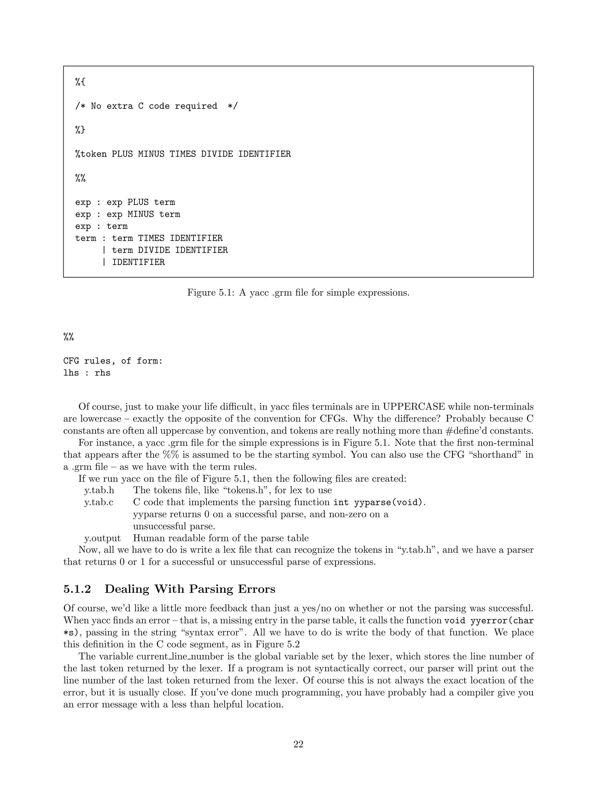 %{
/* No extra C code required

*/

%}
%token PLUS MINUS TIMES DIVIDE IDENTIFIER
%%
exp : exp PLUS term
exp : exp MINUS term
exp : term
term : term TIMES IDENTIFIER
| term DIVIDE IDENTIFIER
| IDENTIFIER
Figure 5.1: A yacc .grm ﬁle for simple expressions.

%%
CFG rules, of form:
lhs : rhs
Of course, just to make your life diﬃcult, in yacc ﬁles terminals are in UPPERCASE while non-terminals
are lowercase – exactly the opposite of the convention for CFGs. Why the diﬀerence? Probably because C
constants are often all uppercase by convention, and tokens are really nothing more than #deﬁne’d constants.
For instance, a yacc .grm ﬁle for the simple expressions is in Figure 5.1. Note that the ﬁrst non-terminal
that appears after the %% is assumed to be the starting symbol. You can also use the CFG “shorthand” in
a .grm ﬁle – as we have with the term rules.
If we run yacc on the ﬁle of Figure 5.1, then the following ﬁles are created:
y.tab.h
The tokens ﬁle, like “tokens.h”, for lex to use
y.tab.c
C code that implements the parsing function int yyparse(void).
yyparse returns 0 on a successful parse, and non-zero on a
unsuccessful parse.
y.output Human readable form of the parse table
Now, all we have to do is write a lex ﬁle that can recognize the tokens in “y.tab.h”, and we have a parser
that returns 0 or 1 for a successful or unsuccessful parse of expressions.

5.1.2

Dealing With Parsing Errors

Of course, we’d like a little more feedback than just a yes/no on whether or not the parsing was successful.
When yacc ﬁnds an error – that is, a missing entry in the parse table, it calls the function void yyerror(char
*s), passing in the string “syntax error”. All we have to do is write the body of that function. We place
this deﬁnition in the C code segment, as in Figure 5.2
The variable current line number is the global variable set by the lexer, which stores the line number of
the last token returned by the lexer. If a program is not syntactically correct, our parser will print out the
line number of the last token returned from the lexer. Of course this is not always the exact location of the
error, but it is usually close. If you’ve done much programming, you have probably had a compiler give you
an error message with a less than helpful location.

22

 