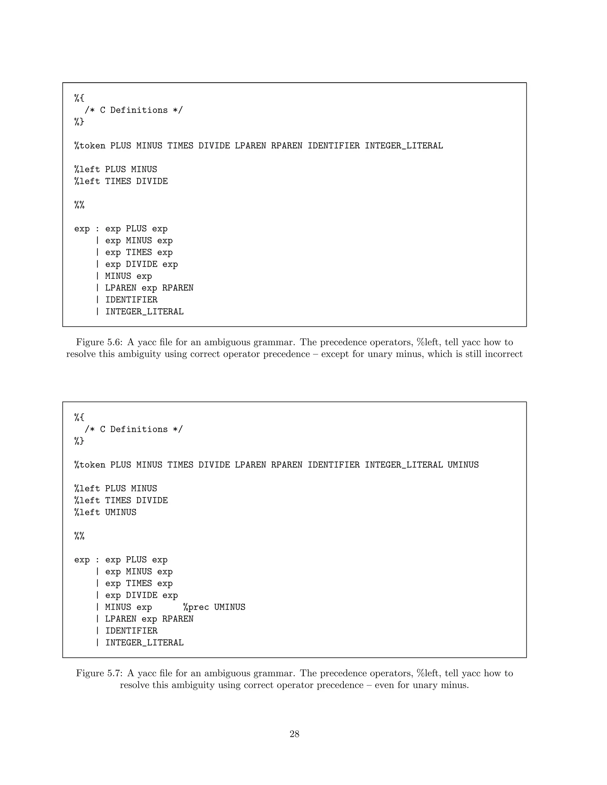 %{
/* C Definitions */
%}
%token PLUS MINUS TIMES DIVIDE LPAREN RPAREN IDENTIFIER INTEGER_LITERAL
%left PLUS MINUS
%left TIMES DIVIDE
%%
exp :
|
|
|
|
|
|
|

exp PLUS exp
exp MINUS exp
exp TIMES exp
exp DIVIDE exp
MINUS exp
LPAREN exp RPAREN
IDENTIFIER
INTEGER_LITERAL

Figure 5.6: A yacc ﬁle for an ambiguous grammar. The precedence operators, %left, tell yacc how to
resolve this ambiguity using correct operator precedence – except for unary minus, which is still incorrect

%{
/* C Definitions */
%}
%token PLUS MINUS TIMES DIVIDE LPAREN RPAREN IDENTIFIER INTEGER_LITERAL UMINUS
%left PLUS MINUS
%left TIMES DIVIDE
%left UMINUS
%%
exp :
|
|
|
|
|
|
|

exp PLUS exp
exp MINUS exp
exp TIMES exp
exp DIVIDE exp
MINUS exp
%prec UMINUS
LPAREN exp RPAREN
IDENTIFIER
INTEGER_LITERAL

Figure 5.7: A yacc ﬁle for an ambiguous grammar. The precedence operators, %left, tell yacc how to
resolve this ambiguity using correct operator precedence – even for unary minus.

28

 