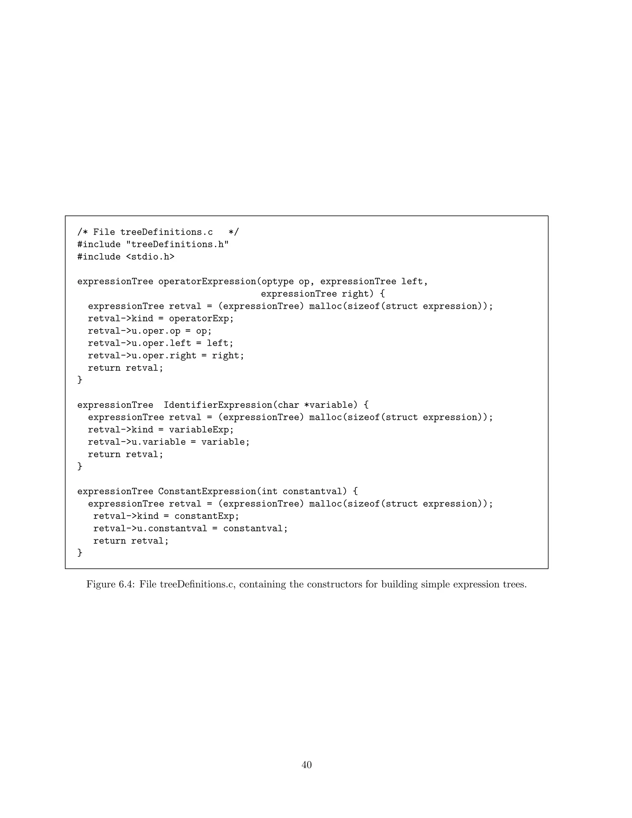 /* File treeDefinitions.c */
#include "treeDefinitions.h"
#include <stdio.h>
expressionTree operatorExpression(optype op, expressionTree left,
expressionTree right) {
expressionTree retval = (expressionTree) malloc(sizeof(struct expression));
retval->kind = operatorExp;
retval->u.oper.op = op;
retval->u.oper.left = left;
retval->u.oper.right = right;
return retval;
}
expressionTree IdentifierExpression(char *variable) {
expressionTree retval = (expressionTree) malloc(sizeof(struct expression));
retval->kind = variableExp;
retval->u.variable = variable;
return retval;
}
expressionTree ConstantExpression(int constantval) {
expressionTree retval = (expressionTree) malloc(sizeof(struct expression));
retval->kind = constantExp;
retval->u.constantval = constantval;
return retval;
}
Figure 6.4: File treeDeﬁnitions.c, containing the constructors for building simple expression trees.

40

 