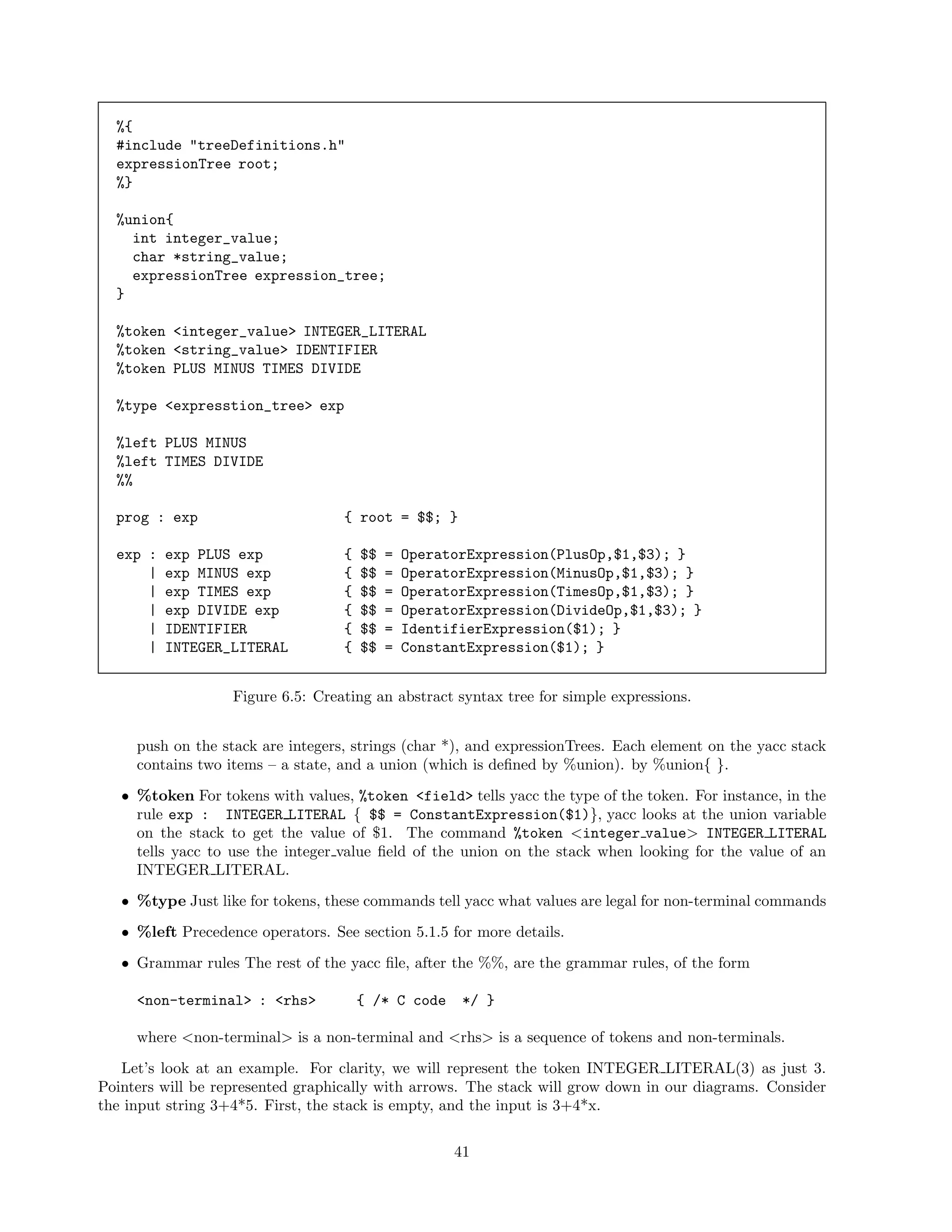 %{
#include "treeDefinitions.h"
expressionTree root;
%}
%union{
int integer_value;
char *string_value;
expressionTree expression_tree;
}
%token <integer_value> INTEGER_LITERAL
%token <string_value> IDENTIFIER
%token PLUS MINUS TIMES DIVIDE
%type <expresstion_tree> exp
%left PLUS MINUS
%left TIMES DIVIDE
%%
prog : exp

{ root = $$; }

exp :
|
|
|
|
|

{
{
{
{
{
{

exp PLUS exp
exp MINUS exp
exp TIMES exp
exp DIVIDE exp
IDENTIFIER
INTEGER_LITERAL

$$
$$
$$
$$
$$
$$

=
=
=
=
=
=

OperatorExpression(PlusOp,$1,$3); }
OperatorExpression(MinusOp,$1,$3); }
OperatorExpression(TimesOp,$1,$3); }
OperatorExpression(DivideOp,$1,$3); }
IdentifierExpression($1); }
ConstantExpression($1); }

Figure 6.5: Creating an abstract syntax tree for simple expressions.
push on the stack are integers, strings (char *), and expressionTrees. Each element on the yacc stack
contains two items – a state, and a union (which is deﬁned by %union). by %union{ }.
• %token For tokens with values, %token <field> tells yacc the type of the token. For instance, in the
rule exp : INTEGER LITERAL { $$ = ConstantExpression($1)}, yacc looks at the union variable
on the stack to get the value of $1. The command %token <integer value> INTEGER LITERAL
tells yacc to use the integer value ﬁeld of the union on the stack when looking for the value of an
INTEGER LITERAL.
• %type Just like for tokens, these commands tell yacc what values are legal for non-terminal commands
• %left Precedence operators. See section 5.1.5 for more details.
• Grammar rules The rest of the yacc ﬁle, after the %%, are the grammar rules, of the form
<non-terminal> : <rhs>

{ /* C code

*/ }

where <non-terminal> is a non-terminal and <rhs> is a sequence of tokens and non-terminals.
Let’s look at an example. For clarity, we will represent the token INTEGER LITERAL(3) as just 3.
Pointers will be represented graphically with arrows. The stack will grow down in our diagrams. Consider
the input string 3+4*5. First, the stack is empty, and the input is 3+4*x.
41

 