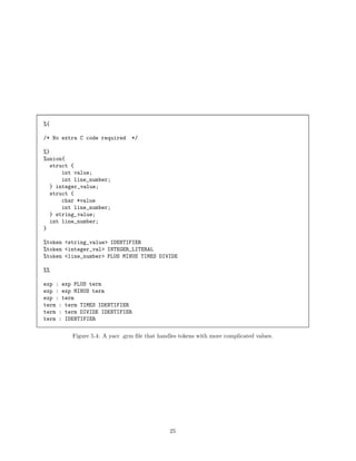%{
/* No extra C code required

*/

%}
%union{
struct {
int value;
int line_number;
} integer_value;
struct {
char *value
int line_number;
} string_value;
int line_number;
}
%token <string_value> IDENTIFIER
%token <integer_val> INTEGER_LITERAL
%token <line_number> PLUS MINUS TIMES DIVIDE
%%
exp : exp PLUS term
exp : exp MINUS term
exp : term
term : term TIMES IDENTIFIER
term : term DIVIDE IDENTIFIER
term : IDENTIFIER
Figure 5.4: A yacc .grm ﬁle that handles tokens with more complicated values.

25

 