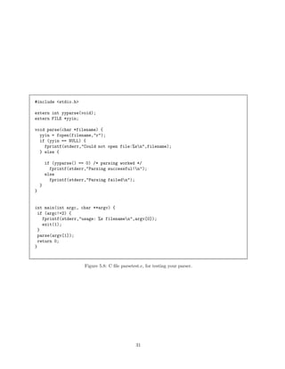 #include <stdio.h>
extern int yyparse(void);
extern FILE *yyin;
void parse(char *filename) {
yyin = fopen(filename,"r");
if (yyin == NULL) {
fprintf(stderr,"Could not open file:%sn",filename);
} else {
if (yyparse() == 0) /* parsing worked */
fprintf(stderr,"Parsing successful!n");
else
fprintf(stderr,"Parsing failedn");
}
}

int main(int argc, char **argv) {
if (argc!=2) {
fprintf(stderr,"usage: %s filenamen",argv[0]);
exit(1);
}
parse(argv[1]);
return 0;
}

Figure 5.8: C ﬁle parsetest.c, for testing your parser.

31

 