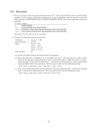 5.3

Exercises

1. Give a set of yacc rules for parsing variable accesses in C. Your rules should be able to handle simple
variables, record accesses, and pointer dereferences, in any combination. Assume that lex returns the
following tokens: IDENTIFIER, DOT, LPAREN, RPAREN, STAR. Thus, some legal token sequences
would be:
C code Tokens
x
IDENTIFIER
x.y
IDENTIFIER DOT IDENTIFIER
(*x).y
LPAREN STAR IDENTIFIER RPAREN DOT IDENTIFIER
x.y.z
STAR IDENTIFIER DOT IDENTIFIER DOT IDENTIFIER
Note that (*x).(*y) and x.(y.z) are not legal
2. Consider the following expression grammar:
Terminals
Non-Terminals
Rules

=
=
=

Start Symbol

=

{num, +, *, $}
{E , E}
(0) E → E$
(1) E → num
(2) E → E + E
(3) E → E * E
E

(a) Create the LR(0) states and transitions for this grammar
(b) Since this grammar is ambiguous, it is not LR(k), for any k. We can, however, create a parse
table for the grammar, using precedence rules to determine when to shift, and when to reduce.
Assuming that * binds more strongly than +, and both are left-associative, create a parse table
using the LR(0) states and transitions. Test your parse table with the following strings:
num * num + num num + num * num num + num + num
(c) Now create an LR parse table for this grammar, this time assuming that + binds more strongly
than *, and both are right-associative. Test your parse table with the following strings:
num * num + num num + num * num num * num * num

32

 