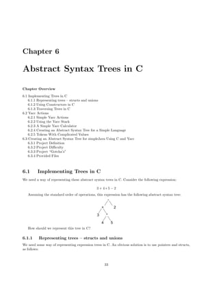 Chapter 6

Abstract Syntax Trees in C
Chapter Overview
6.1 Implementing Trees in C
6.1.1 Representing trees – structs and unions
6.1.2 Using Constructors in C
6.1.3 Traversing Trees in C
6.2 Yacc Actions
6.2.1 Simple Yacc Actions
6.2.2 Using the Yacc Stack
6.2.3 A Simple Yacc Calculator
6.2.4 Creating an Abstract Syntax Tree for a Simple Language
6.2.5 Tokens With Complicated Values
6.3 Creating an Abstract Syntax Tree for simpleJava Using C and Yacc
6.3.1 Project Deﬁnition
6.3.2 Project Diﬃculty
6.3.3 Project “Gotcha’s”
6.3.4 Provided Files

6.1

Implementing Trees in C

We need a way of representing these abstract syntax trees in C. Consider the following expression:
3+4∗5−2
Assuming the standard order of operations, this expression has the following abstract syntax tree:
-

+
3

2
*

4

5

How should we represent this tree in C?

6.1.1

Representing trees – structs and unions

We need some way of representing expression trees in C. An obvious solution is to use pointers and structs,
as follows:

33

 