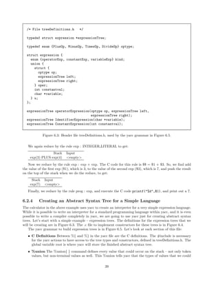 /* File treeDefinitions.h

*/

typedef struct expression *expressionTree;
typedef enum {PlusOp, MinusOp, TimesOp, DivideOp} optype;
struct expression {
enum {operatorExp, constantExp, variableExp} kind;
union {
struct {
optype op;
expressionTree left;
expressionTree right;
} oper;
int constantval;
char *variable;
} u;
};
expressionTree operatorExpression(optype op, expressionTree left,
expressionTree right);
expressionTree IdentifierExpression(char *variable);
expressionTree ConstantExpression(int constantval);
Figure 6.3: Header ﬁle treeDeﬁnitions.h, used by the yacc grammar in Figure 6.5.
We again reduce by the rule exp : INTEGER LITERAL to get:
Stack
exp(3) PLUS exp(4)

Input
<empty>

Now we reduce by the rule exp : exp + exp. The C code for this rule is $$ = $1 + $3. So, we ﬁnd add
the value of the ﬁrst exp ($1), which is 3, to the value of the second exp ($3), which is 7, and push the result
on the top of the stack when we do the reduce, to get:
Stack
exp(7)

Input
<empty>

Finally, we reduce by the rule prog : exp, and execute the C code printf("%d",$1), and print out a 7.

6.2.4

Creating an Abstract Syntax Tree for a Simple Language

The calculator in the above example uses yacc to create an interpreter for a very simple expression language.
While it is possible to write an interpreter for a standard programming language within yacc, and it is even
possible to write a compiler completely in yacc, we are going to use yacc just for creating abstract syntax
trees. Let’s start with a simple example – expression trees. The deﬁnitions for the expression trees that we
will be creating are in Figure 6.3. The .c ﬁle to implement constructors for these trees is in Figure 6.4.
The yacc grammar to build expression trees is in Figure 6.5. Let’s look at each section of this ﬁle:
• C Deﬁnitions Between %{ and %} in the yacc ﬁle are the C deﬁnitions. The #include is necessary
for the yacc actions to have access to the tree types and constructors, deﬁned in treeDeﬁnitions.h. The
global variable root is where yacc will store the ﬁnished abstract syntax tree.
• %union The %union{ } command deﬁnes every value that could occur on the stack – not only token
values, but non-terminal values as well. This %union tells yacc that the types of values that we could
39

 