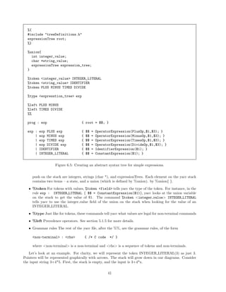 %{
#include "treeDefinitions.h"
expressionTree root;
%}
%union{
int integer_value;
char *string_value;
expressionTree expression_tree;
}
%token <integer_value> INTEGER_LITERAL
%token <string_value> IDENTIFIER
%token PLUS MINUS TIMES DIVIDE
%type <expresstion_tree> exp
%left PLUS MINUS
%left TIMES DIVIDE
%%
prog : exp

{ root = $$; }

exp :
|
|
|
|
|

{
{
{
{
{
{

exp PLUS exp
exp MINUS exp
exp TIMES exp
exp DIVIDE exp
IDENTIFIER
INTEGER_LITERAL

$$
$$
$$
$$
$$
$$

=
=
=
=
=
=

OperatorExpression(PlusOp,$1,$3); }
OperatorExpression(MinusOp,$1,$3); }
OperatorExpression(TimesOp,$1,$3); }
OperatorExpression(DivideOp,$1,$3); }
IdentifierExpression($1); }
ConstantExpression($1); }

Figure 6.5: Creating an abstract syntax tree for simple expressions.
push on the stack are integers, strings (char *), and expressionTrees. Each element on the yacc stack
contains two items – a state, and a union (which is deﬁned by %union). by %union{ }.
• %token For tokens with values, %token <field> tells yacc the type of the token. For instance, in the
rule exp : INTEGER LITERAL { $$ = ConstantExpression($1)}, yacc looks at the union variable
on the stack to get the value of $1. The command %token <integer value> INTEGER LITERAL
tells yacc to use the integer value ﬁeld of the union on the stack when looking for the value of an
INTEGER LITERAL.
• %type Just like for tokens, these commands tell yacc what values are legal for non-terminal commands
• %left Precedence operators. See section 5.1.5 for more details.
• Grammar rules The rest of the yacc ﬁle, after the %%, are the grammar rules, of the form
<non-terminal> : <rhs>

{ /* C code

*/ }

where <non-terminal> is a non-terminal and <rhs> is a sequence of tokens and non-terminals.
Let’s look at an example. For clarity, we will represent the token INTEGER LITERAL(3) as just 3.
Pointers will be represented graphically with arrows. The stack will grow down in our diagrams. Consider
the input string 3+4*5. First, the stack is empty, and the input is 3+4*x.
41

 