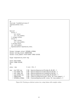%{
#include "treeDefinitions.h"
expressionTree root;
%}

%union{
struct {
int value;
int line_number;
} integer_value;
struct {
char *value
int line_number;
} string_value;
int line_number;
expressionTree expression_tree;
}
%token <integer_value> INTEGER_LITERAL
%token <string_value> IDENTIFIER
%token <line_number> PLUS MINUS TIMES DIVIDE
%type <expresstion_tree> exp
%left PLUS MINUS
%left TIMES DIVIDE
%%
prog : exp

{ root = $1; }

exp :
|
|
|
|
|

{
{
{
{
{
{

exp PLUS exp
exp MINUS exp
exp TIMES exp
exp DIVIDE exp
IDENTIFIER
INTEGER_LITERAL

$$
$$
$$
$$
$$
$$

=
=
=
=
=
=

OperatorExpression(PlusOp,$1,$3,$2); }
OperatorExpression(MinusOp,$1,$3,$2); }
OperatorExpression(TimesOp,$1,$3,$2); }
OperatorExpression(DivideOp,$1,$3,$2); }
IdentifierExpression($1.value, $1.line_number); }
ConstantExpression($1.value, $1.line_number); }

Figure 6.6: Creating an abstract syntax tree, using tokens with complex values.

44

 