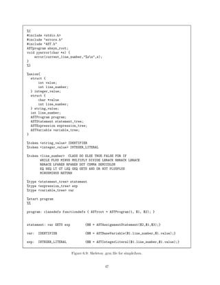 %{
#include <stdio.h>
#include "errors.h"
#include "AST.h"
ASTprogram absyn_root;
void yyerror(char *s) {
error(current_line_number,"%sn",s);
}
%}
%union{
struct {
int value;
int line_number;
} integer_value;
struct {
char *value
int line_number;
} string_value;
int line_number;
ASTProgram program;
ASTStatement statement_tree;
ASTExpression expression_tree;
ASTVariable variable_tree;
}
%token <string_value> IDENTIFIER
%token <integer_value> INTEGER_LITERAL
%token <line_number> CLASS DO ELSE TRUE FALSE FOR IF
WHILE PLUS MINUS MULTIPLY DIVIDE LBRACK RBRACK LBRACE
RBRACE LPAREN RPAREN DOT COMMA SEMICOLON
EQ NEQ LT GT LEQ GEQ GETS AND OR NOT PLUSPLUS
MINUSMINUS RETURN
%type <statement_tree> statement
%type <expression_tree> exp
%type <variable_tree> var
%start program
%%
program: classdefs functiondefs { ASTroot = ASTProgram(1, $1, $2); }

statement: var GETS exp

{$$ = ASTAssignmentStatement($2,$1,$3);}

var:

IDENTIFIER

{$$ = ASTBaseVariable($1.line_number,$1.value);}

exp:

INTEGER_LITERAL

{$$ = ASTIntegerLiteral($1.line_number,$1.value);}
Figure 6.9: Skeleton .grm ﬁle for simpleJava.

47

 