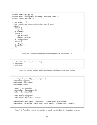 envEntry VarEntry(type typ);
envEntry FunctionEntry(type returntyp, typeList formals);
envEntry TypeEntry(type typ);
struct envEntry_ {
enum {Var_Entry, Function_Entry,Type_Entry} kind;
union {
struct {
type typ;
} varEntry;
struct {
type returntyp;
typeList formals;
} functionEntry;
struct {
type typ;
} typeEntry;
} u;
};
Figure 7.4: The second of two environment header ﬁles, environment2.h.

void Error(int linenum, char *message, ...);
int anyerrors();
int numerrors();
Figure 7.5: The ﬁle errors.h, which describes the interface to the C error handler.

void analyzeProgram(ASTprogram program) {
environment typeEnv;
environment functionEnv;
environment varEnv;
typeEnv = Environment();
functionEnv = Environment();
varEnv = Environment();
AddBuiltinTypes(typeEnv);
AddBuiltinFunctions(functionEnv);
analyzeClassList(typeEnv, functionEnv, varEnv, program->classes);
analyzeFunctionDecList(typeEnv,functionEnv,varEnv, program->functiondecs);
}
Figure 7.6: Part of the code for the function to handle type checking of a simpleJava program

53

 