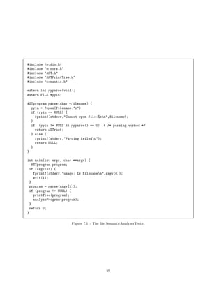 #include
#include
#include
#include
#include

<stdio.h>
"errors.h"
"AST.h"
"ASTPrintTree.h"
"semantic.h"

extern int yyparse(void);
extern FILE *yyin;
ASTprogram parse(char *filename) {
yyin = fopen(filename,"r");
if (yyin == NULL) {
fprintf(stderr,"Cannot open file:%sn",filename);
}
if (yyin != NULL && yyparse() == 0) { /* parsing worked */
return ASTroot;
} else {
fprintf(stderr,"Parsing failedn");
return NULL;
}
}
int main(int argc, char **argv) {
ASTprogram program;
if (argc!=2) {
fprintf(stderr,"usage: %s filenamen",argv[0]);
exit(1);
}
program = parse(argv[1]);
if (program != NULL) {
printTree(program);
analyzeProgram(program);
}
return 0;
}
Figure 7.11: The ﬁle SemanticAnalyzerTest.c.

58

 