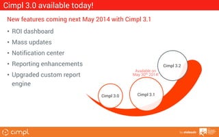 Cimpl 3.0 available today!
New features coming next May 2014 with Cimpl 3.1
• ROI dashboard
• Mass updates
• Notification center
• Reporting enhancements
Available on
May 30th 2014!

• Upgraded custom report
engine
Cimpl 3.0

Cimpl 3.2

Cimpl 3.1

by etelesolv

 