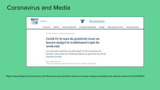 Coronavirus and Media
https://www.leﬁgaro.fr/sciences/covid-19-le-taux-de-positivite-reste-en-hausse-malgre-le-traditionnel-repli-du-week-end-20200927
 