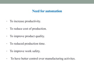 Need for automation
• To increase productivity.
• To reduce cost of production.
• To improve product quality.
• To reduced production time.
• To improve work safety.
• To have better control over manufacturing activites.
 