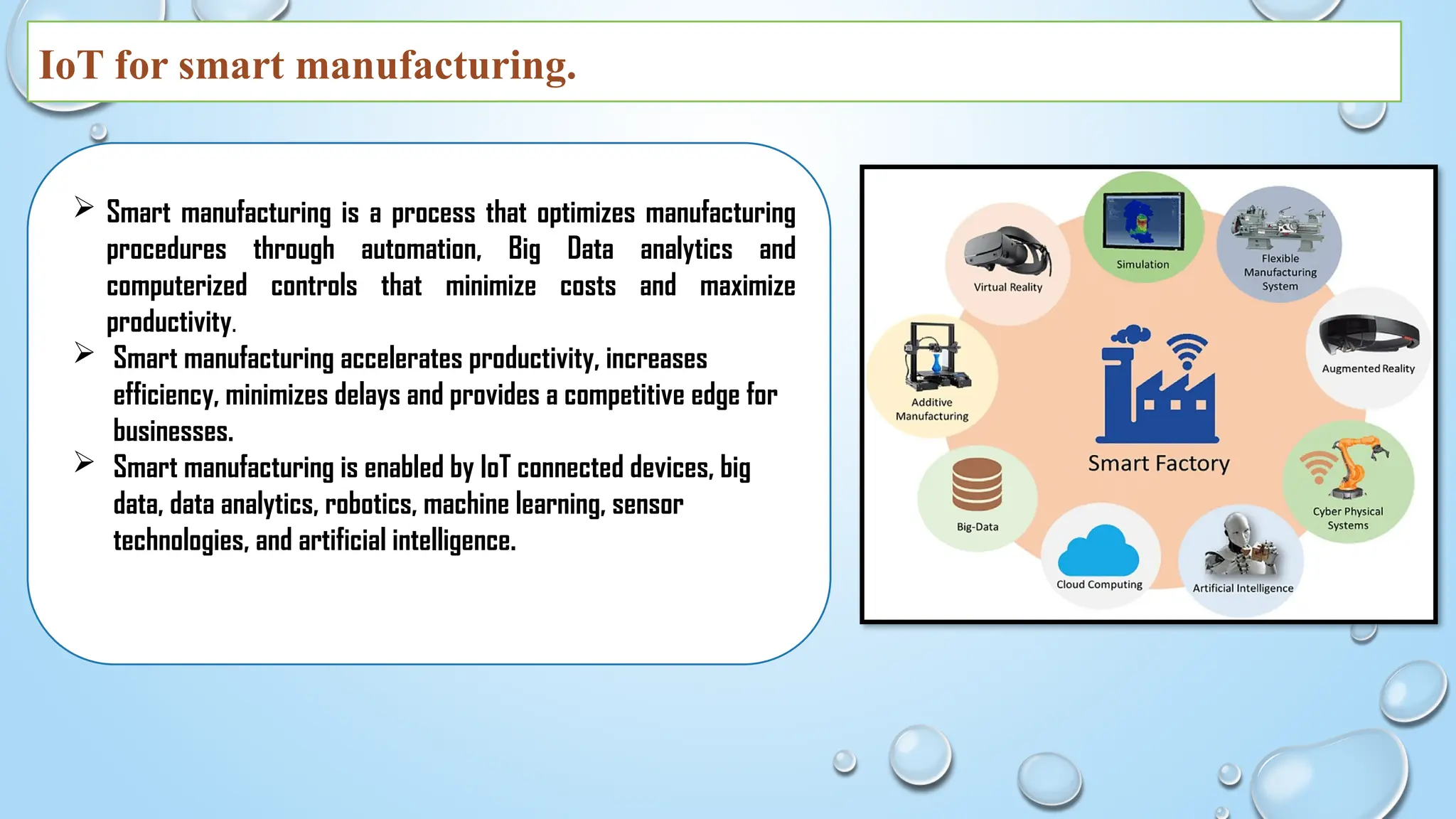 IoT for smart manufacturing.
 Smart manufacturing is a process that optimizes manufacturing
procedures through automation, Big Data analytics and
computerized controls that minimize costs and maximize
productivity.
 Smart manufacturing accelerates productivity, increases
efficiency, minimizes delays and provides a competitive edge for
businesses.
 Smart manufacturing is enabled by IoT connected devices, big
data, data analytics, robotics, machine learning, sensor
technologies, and artificial intelligence.
 