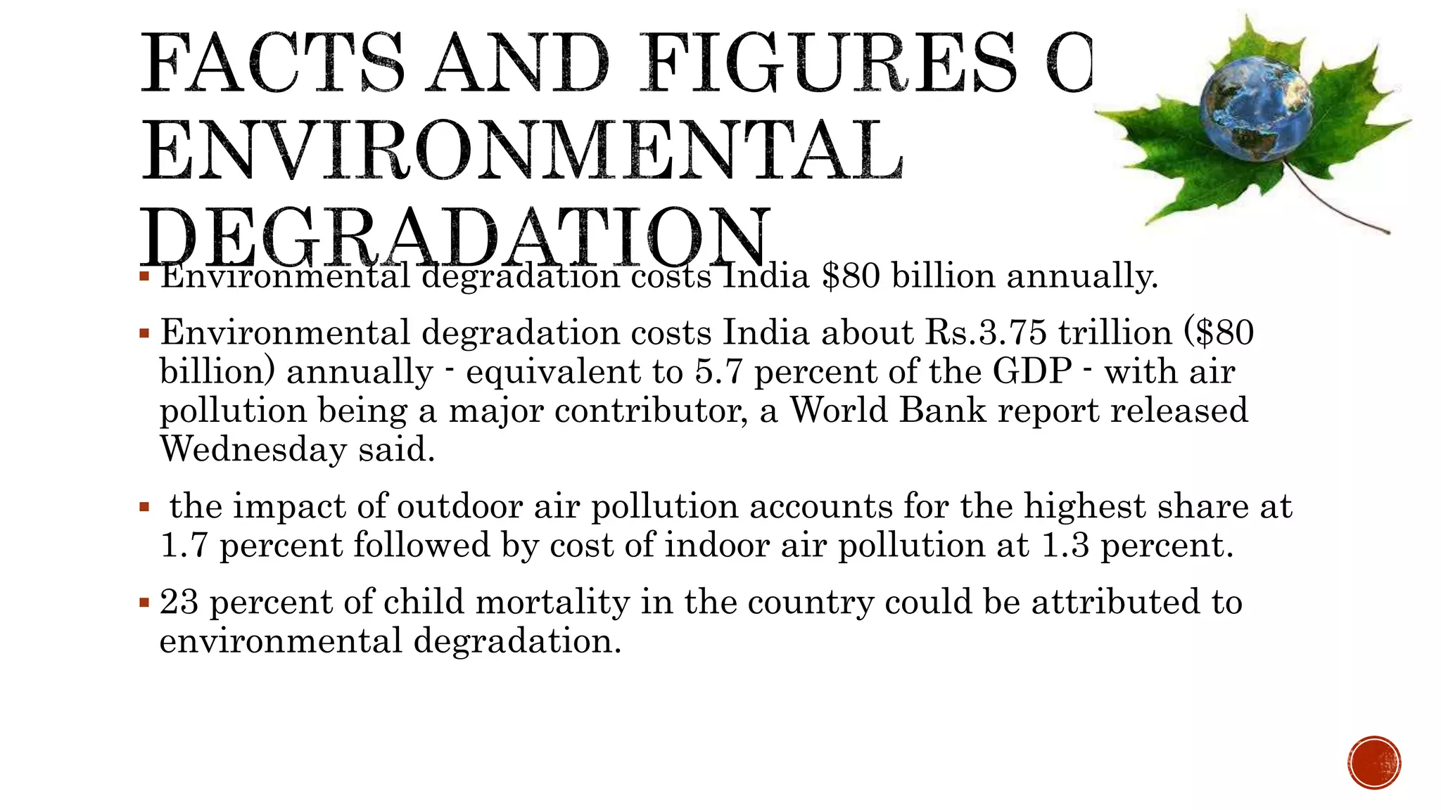  Environmental degradation costs India $80 billion annually.
 Environmental degradation costs India about Rs.3.75 trillion ($80
billion) annually - equivalent to 5.7 percent of the GDP - with air
pollution being a major contributor, a World Bank report released
Wednesday said.
 the impact of outdoor air pollution accounts for the highest share at
1.7 percent followed by cost of indoor air pollution at 1.3 percent.
 23 percent of child mortality in the country could be attributed to
environmental degradation.
 