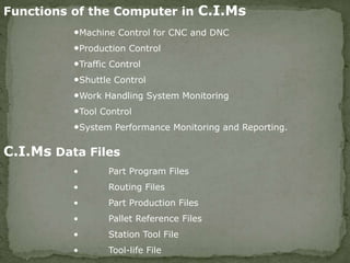 Functions of the Computer in C.I.Ms
•Machine Control for CNC and DNC
•Production Control
•Traffic Control
•Shuttle Control
•Work Handling System Monitoring
•Tool Control
•System Performance Monitoring and Reporting.
C.I.Ms Data Files
• Part Program Files
• Routing Files
• Part Production Files
• Pallet Reference Files
• Station Tool File
• Tool-life File
 