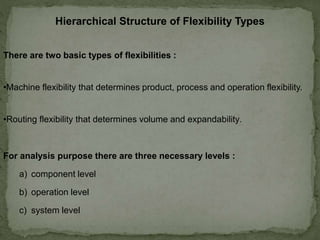Hierarchical Structure of Flexibility Types
There are two basic types of flexibilities :
•Machine flexibility that determines product, process and operation flexibility.
•Routing flexibility that determines volume and expandability.
For analysis purpose there are three necessary levels :
a) component level
b) operation level
c) system level
 