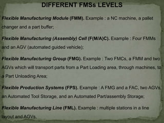 DIFFERENT FMSs LEVELS
Flexible Manufacturing Module (FMM). Example : a NC machine, a pallet
changer and a part buffer;
Flexible Manufacturing (Assembly) Cell (F(M/A)C). Example : Four FMMs
and an AGV (automated guided vehicle);
Flexible Manufacturing Group (FMG). Example : Two FMCs, a FMM and two
AGVs which will transport parts from a Part Loading area, through machines, to
a Part Unloading Area;
Flexible Production Systems (FPS). Example : A FMG and a FAC, two AGVs,
an Automated Tool Storage, and an Automated Part/assembly Storage;
Flexible Manufacturing Line (FML). Example : multiple stations in a line
layout and AGVs.
 