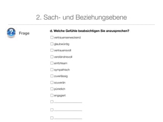 2. Sach- und Beziehungsebene
            d. Welche Gefühle beabsichtigen Sie anzusprechen?
Frage
            ▢ vertrauenserweckend

            ▢ glaubwürdig

            ▢ vertrauensvoll

            ▢ verständnisvoll

            ▢ einfühlsam

            ▢ sympathisch

            ▢ zuverlässig

            ▢ souverän

            ▢ pünktlich

            ▢ engagiert

            ▢ ...................................

            ▢ ...................................

            ▢ ...................................
 