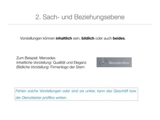 2. Sach- und Beziehungsebene


  Vorstellungen können inhaltlich sein, bildlich oder auch beides.




Zum Beispiel: Mercedes
Inhaltliche Vorstellung: Qualität und Eleganz
Bildliche Vorstellung: Firmenlogo der Stern




Fehlen solche Vorstellungen oder sind sie unklar, kann das Geschäft bzw.
der Dienstleister proﬁllos wirken.
 
