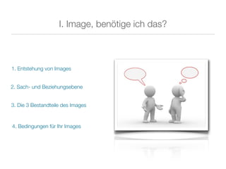 I. Image, benötige ich das?



1. Entstehung von Images


2. Sach- und Beziehungsebene


3. Die 3 Bestandteile des Images



4. Bedingungen für Ihr Images
 
