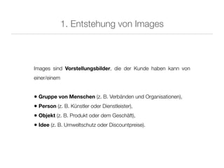 1. Entstehung von Images



Images sind Vorstellungsbilder, die der Kunde haben kann von
einer/einem


• Gruppe von Menschen (z. B. Verbänden und Organisationen),
• Person (z. B. Künstler oder Dienstleister),
• Objekt (z. B. Produkt oder dem Geschäft),
• Idee (z. B. Umweltschutz oder Discountpreise).
 