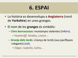 6.	
  ESPAI	
  
•  La	
  història	
  es	
  desenvolupa	
  a	
  Anglaterra	
  (nord	
  
de	
  Yorkshire)	
  en	
  unes	
  granges.	
  	
  
•  El	
  nom	
  de	
  les	
  granges	
  és	
  simbòlic:	
  
– Cims	
  borrascosos:	
  muntanyes	
  violentes	
  (infern).	
  
•  Heathcliﬀ,	
  Hindley,	
  Linton...	
  
– Granja	
  dels	
  tords:	
  criança	
  de	
  tords	
  (aus	
  pacíﬁques	
  
i	
  elegants)	
  (cel).	
  
•  Edgar,	
  Isabella,	
  Cathy...	
  
	
  
 