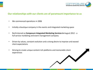 Our relationships with our clients are of paramount importance to us

•   We commenced operations in 2006

•   Initially a boutique company in the events and integrated marketing space

•   Rechristened as Composure Integrated Marketing Services in August 2012 - a
    full service marketing and event management company

•   Driven by values, constant evolution and a strong desire to improve and exceed
    client expectations

•   Striving to create unique content rich platforms and memorable client
    experiences
 