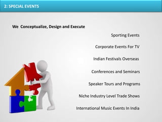 2: SPECIAL EVENTS

We Conceptualize, Design and Execute
Sporting Events
Corporate Events For TV
Indian Festivals Overseas
Conferences and Seminars
Speaker Tours and Programs
Niche Industry Level Trade Shows
International Music Events In India

 