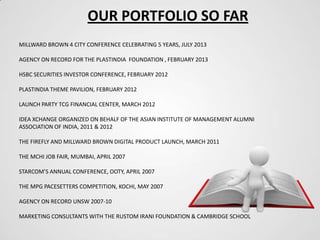 OUR PORTFOLIO SO FAR
MILLWARD BROWN 4 CITY CONFERENCE CELEBRATING 5 YEARS, JULY 2013
AGENCY ON RECORD FOR THE PLASTINDIA FOUNDATION , FEBRUARY 2013
HSBC SECURITIES INVESTOR CONFERENCE, FEBRUARY 2012
PLASTINDIA THEME PAVILION, FEBRUARY 2012
LAUNCH PARTY TCG FINANCIAL CENTER, MARCH 2012
IDEA XCHANGE ORGANIZED ON BEHALF OF THE ASIAN INSTITUTE OF MANAGEMENT ALUMNI
ASSOCIATION OF INDIA, 2011 & 2012
THE FIREFLY AND MILLWARD BROWN DIGITAL PRODUCT LAUNCH, MARCH 2011
THE MCHI JOB FAIR, MUMBAI, APRIL 2007
STARCOM’S ANNUAL CONFERENCE, OOTY, APRIL 2007
THE MPG PACESETTERS COMPETITION, KOCHI, MAY 2007

AGENCY ON RECORD UNSW 2007-10
MARKETING CONSULTANTS WITH THE RUSTOM IRANI FOUNDATION & CAMBRIDGE SCHOOL

 