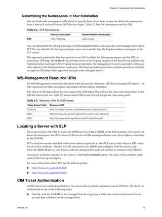 Chapter 2 Developing Client Applications



     Determining the Namespaces in Your Installation
          You can hard-code namespaces in the client, or specify them at run time, or you can obtain the namespaces
          from a Service Location Protocol (SLP) Service Agent. Table 2-2 lists the namespaces used by ESX.

          Table 2-2. ESX Namespaces
                                  Interop Namespace            Implementation Namespace

          ESX                     root/interop                 root/cimv2


          You can obtain both the Interop namespace and the Implementation namespace for your managed server from
          SLP. You can identify the Interop namespace more conveniently than the Implementation namespace in the
          SLP output.

          The approach preferred in this document is to use SLP to obtain the Interop namespace and the URL to
          enumerate CIM_RegisteredProfile, and then move to the Scoping Instance of the Base Server profile in the
          Implementation namespace. The Scoping Instance represents the managed server and is associated with many
          other objects in the Implementation namespace. The Scoping Instance provides a reliable point from which to
          navigate to CIM objects that represent any part of the managed server.


WS-Management Resource URIs
          For WS-Management connections, the client must also specify a resource URI when accessing CIM objects. The
          URI represents an XML namespace associated with the schema definition.

          The choice of URI depends on the class name of the CIM object. The prefix of the class name determines which
          URI the client must use. Table 2-3 shows which URI to use for each supported class name prefix.

          Table 2-3. Resource URIs for CIM classes
           Class Name Prefix     Resource URI

          VMware_                http://schemas.vmware.com/wbem/wscim/1/cim-schema/2/
          OMC_                   http://schema.omc-project.org/wbem/wscim/1/cim-schema/2/

          CIM_                   http://schemas.dmtf.org/wbem/wscim/1/cim-schema/2/


Locating a Server with SLP
          If you do not know the URL to access the WBEM service of the CIMOM on the ESX machine, or if you do not
          know the namespace, use SLP to discover the service and the namespace before your client makes a connection
          to the CIMOM.

          SLP-compliant services attached to the same subnet respond to a client SLP query with a Service URL and a
          list of service attributes. The Service URL returned by the WBEM service begins with the service type
          service:wbem:https:// and follows with the domain name and port number to connect to the CIMOM.

          Among the attributes returned to the client is InteropSchemaNamespace. The value of this attribute is the
          name of the Interop namespace.

          For more information about SLP, see the following links:

               http://tools.ietf.org/html/rfc2608

               http://tools.ietf.org/html/rfc3059


CIM Ticket Authentication
          A CIM client must authenticate before it can access data or perform operations on an ESX host. The client can
          authenticate in one of the following ways.

               Directly with the CIMOM on the managed host by supplying a valid user name and password for an
                account that is defined on the managed host.



VMware, Inc.                                                                                                                     15
 