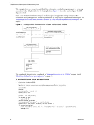 CIM SMASH/Server Management API Programming Guide



         This example shows how to get physical identifying information from the Interop namespace by traversing
         associations to the CIM_Chassis for the Scoping Instance. Figure 3-1 shows the relationships of the CIM
         objects involved.

         If you know the Implementation namespace in advance, you can bypass the Interop namespace. For
         information about getting physical identifying information by using only the Implementation namespace, see
         “Reporting Manufacturer, Model, and Serial Number By Using Only the Implementation Namespace” on
         page 27.

         Figure 3-1. Locating Chassis Information from the Base Server Scoping Instance

                          CIM_RegisteredProfile::
                       OMC_RegisteredBaseServerProfile

                                                            CIM_ElementConformsToProfile::
         root/interop                                    OMC_ElementConformsToBaseServerProfile

                                                         ConformantStandard
         root/cimv2                                      ManagedElement




                         CIM_ComputerSystem::
                       OMC_UnitaryComputerSystem
                                                           CIM_ComputerSystemPackage::
                                                           OMC_ComputerSystemPackage

                                                            Dependent
                                                            Antecedent




                                CIM_Chassis::
                                OMC_Chassis

                           Manufacturer
                           Model
                           SerialNumber
                           ElementName
                           Tag



         This pseudocode depends on the pseudocode in “Making a Connection to the CIMOM” on page 16 and
         “Identifying the Base Server Scoping Instance” on page 19.

         To report manufacturer, model, and serial number

         1    Connect to the server URL.

              Specify the Interop namespace, supplied as a parameter, for the connection.
              use wbemlib
              use sys
              use connection renamed cnx
              connection = Null

              params = cnx.get_params()
              if params is Null
                 sys.exit(-1)
              interop_params = params
              interop_params['namespace'] = 'root/interop'
              connection = cnx.connect_to_host( interop_params )
              if connection is Null
                 print 'Failed to connect to: ' + params['host'] + ' as user: ' + params['user']
                 sys.exit(-1)




26                                                                                                       VMware, Inc.
 