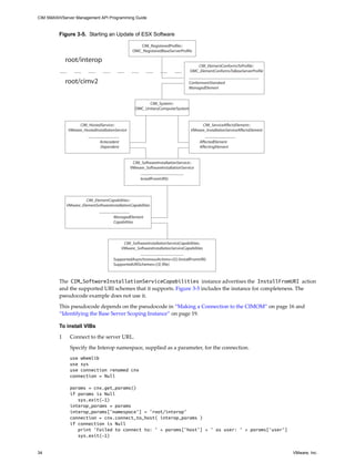 CIM SMASH/Server Management API Programming Guide



         Figure 3-5. Starting an Update of ESX Software

                                                     CIM_RegisteredProfile::
                                                  OMC_RegisteredBaseServerProfile

             root/interop
                                                                                     CIM_ElementConformsToProfile::
                                                                                  OMC_ElementConformsToBaseServerProfile

             root/cimv2                                                           ConformantStandard
                                                                                  ManagedElement


                                                         CIM_System::
                                                   OMC_UnitaryComputerSystem


                  CIM_HostedService::                                                   CIM_ServiceAffectsElement::
             VMware_HostedInstallationService                                      VMware_InstallationServiceAffectsElement

                               Antecedent                                               AffectedElement
                               Dependent                                                AffectingElement


                                                 CIM_SoftwareInstallationService::
                                                VMware_SoftwareInstallationService

                                                      InstallFromURI()




                       CIM_ElementCapabilities::
             VMware_ElementSoftwareInstallationCapabilities

                                      ManagedElement
                                      Capabilities




                                             CIM_SoftwareInstallationServiceCapabilities::
                                            VMware_SoftwareInstallationServiceCapabilities

                                      SupportedAsynchronousActions=[5] (InstallFromURI)
                                      SupportedURISchemes=[3] (file)



         The CIM_SoftwareInstallationServiceCapabilities instance advertises the InstallFromURI action
         and the supported URI schemes that it supports. Figure 3-5 includes the instance for completeness. The
         pseudocode example does not use it.

         This pseudocode depends on the pseudocode in “Making a Connection to the CIMOM” on page 16 and
         “Identifying the Base Server Scoping Instance” on page 19.

         To install VIBs

         1    Connect to the server URL.

              Specify the Interop namespace, supplied as a parameter, for the connection.
              use wbemlib
              use sys
              use connection renamed cnx
              connection = Null

              params = cnx.get_params()
              if params is Null
                 sys.exit(-1)
              interop_params = params
              interop_params['namespace'] = 'root/interop'
              connection = cnx.connect_to_host( interop_params )
              if connection is Null
                 print 'Failed to connect to: ' + params['host'] + ' as user: ' + params['user']
                 sys.exit(-1)


34                                                                                                                            VMware, Inc.
 