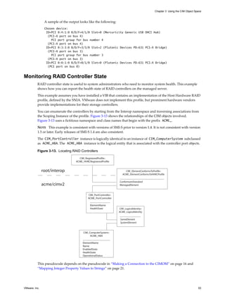 Chapter 3 Using the CIM Object Space



                A sample of the output looks like the following:
                Chosen device:
                 ID=PCI 0:4:1:0 B/D/F=4/1/0 Slot=0 (Mercuricity Generic USB OHCI Hub)
                  (PCI-X port on bus 4)
                    PCI port group for bus number 4
                  (PCI-X port on bus 4)
                 ID=PCI 0:3:3:0 B/D/F=3/3/0 Slot=2 (Plutonic Devices PD-631 PCI-X Bridge)
                  (PCI-X port on bus 3)
                    PCI port group for bus number 3
                  (PCI-X port on bus 3)
                 ID=PCI 0:0:1:0 B/D/F=0/1/0 Slot=0 (Plutonic Devices PD-631 PCI-X Bridge)
                  (PCI port on bus 0)


Monitoring RAID Controller State
          RAID controller state is useful to system administrators who need to monitor system health. This example
          shows how you can report the health state of RAID controllers on the managed server.

          This example assumes you have installed a VIB that contains an implementation of the Host Hardware RAID
          profile, defined by the SNIA. VMware does not implement this profile, but prominent hardware vendors
          provide implementations for their storage controllers.

          You can enumerate the controllers by starting from the Interop namespace and traversing associations from
          the Scoping Instance of the profile. Figure 3-13 shows the relationships of the CIM objects involved.
          Figure 3-13 uses a fictitious namespace and class names that begin with the prefix ACME_.

          NOTE This example is consistent with versions of SMI-S prior to version 1.4. It is not consistent with version
          1.5 or later. Early releases of SMI-S 1.4 are also consistent.

          The CIM_PortController instance is logically identical to an instance of CIM_ComputerSystem subclassed
          as ACME_HBA. The ACME_HBA instance is the logical entity that is associated with the controller port objects.

          Figure 3-13. Locating RAID Controllers

                                       CIM_RegisteredProfile::
                                     ACME_HHRCRegisteredProfile


               root/interop                                               CIM_ElementConformsToProfile::
                                                                        ACME_ElementConformsToHHRCProfile

                                                                     ConformantStandard
               acme/cimv2                                            ManagedElement


                                              CIM_PortController::
                                              ACME_PortController

                                                ElementName
                                                HealthState          CIM_LogicalIdentity::
                                                                     ACME_LogicalIdentity

                                                                      SameElement
                                                                      SystemElement


                                          CIM_ComputerSystem::
                                               ACME_HBA

                                          ElementName
                                          Name
                                          EnabledState
                                          HealthState
                                          OperationalStatus


          This pseudocode depends on the pseudocode in “Making a Connection to the CIMOM” on page 16 and
          “Mapping Integer Property Values to Strings” on page 21.




VMware, Inc.                                                                                                                      53
 