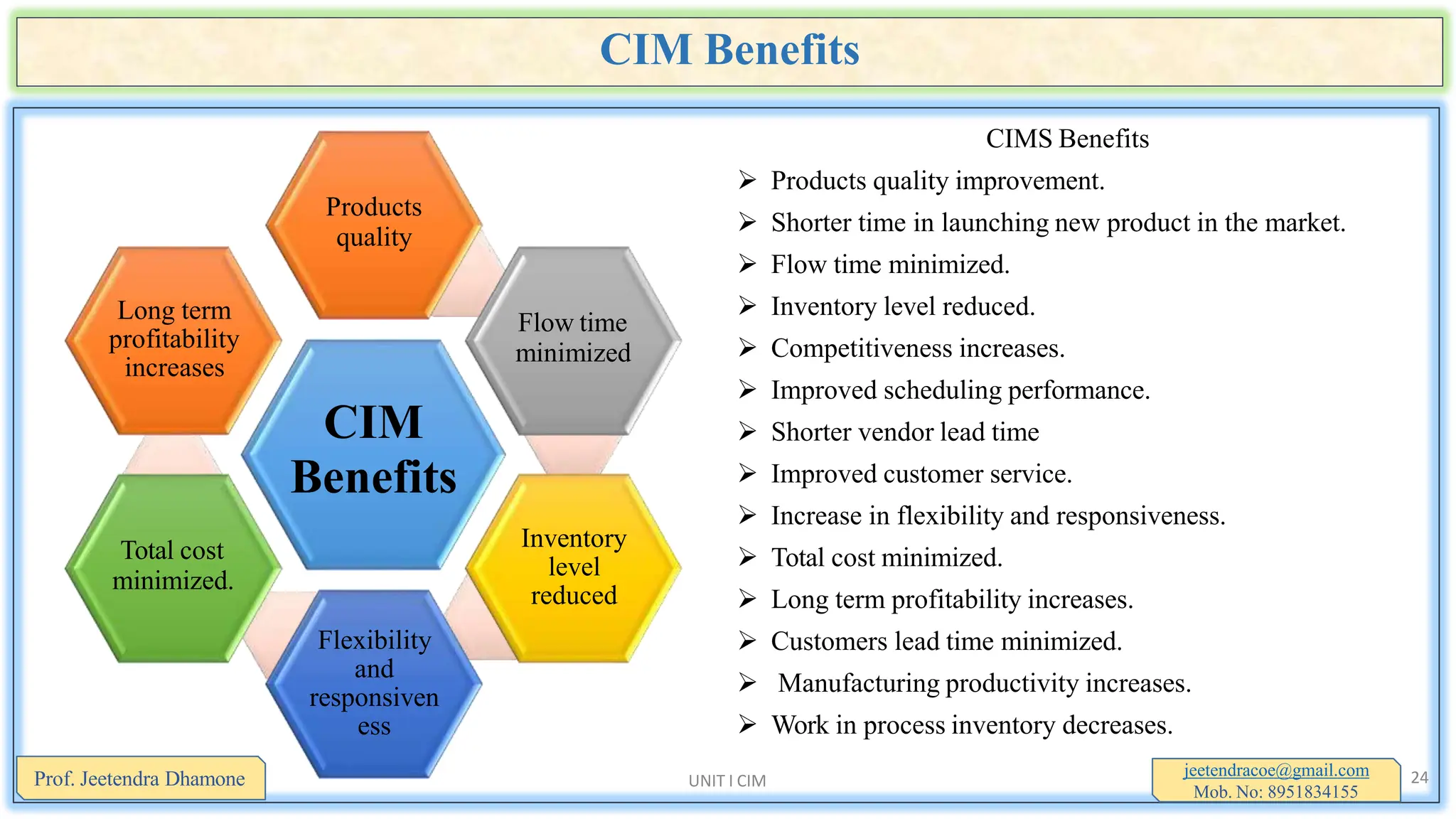 CIM Benefits
Prof. Jeetendra Dhamone UNIT I CIM 24
CIMS Benefits
 Products quality improvement.
 Shorter time in launching new product in the market.
 Flow time minimized.
 Inventory level reduced.
 Competitiveness increases.
 Improved scheduling performance.
 Shorter vendor lead time
 Improved customer service.
 Increase in flexibility and responsiveness.
 Total cost minimized.
 Long term profitability increases.
 Customers lead time minimized.
 Manufacturing productivity increases.
 Work in process inventory decreases.
CIM
Benefits
Products
quality
Flow time
minimized
Inventory
level
reduced
Flexibility
and
responsiven
ess
Total cost
minimized.
Long term
profitability
increases
jeetendracoe@gmail.com
Mob. No: 8951834155
 
