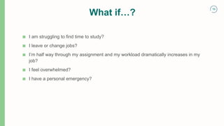 16
What if…?
■ I am struggling to find time to study?
■ I leave or change jobs?
■ I’m half way through my assignment and my workload dramatically increases in my
job?
■ I feel overwhelmed?
■ I have a personal emergency?
 