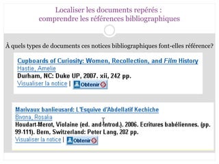 Localiser les documents repérés : 
comprendre les références bibliographiques 
À quels types de documents ces notices bibliographiques font-elles référence? 
 