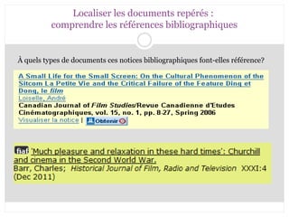 Localiser les documents repérés : 
comprendre les références bibliographiques 
À quels types de documents ces notices bibliographiques font-elles référence? 
 