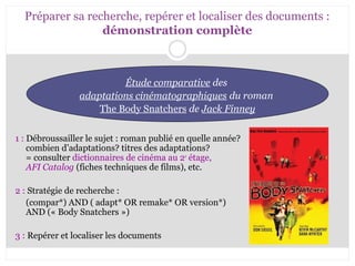 Préparer sa recherche, repérer et localiser des documents : 
démonstration complète 
Étude comparative des 
adaptations cinématographiques du roman 
The Body Snatchers de Jack Finney 
1 : Débroussailler le sujet : roman publié en quelle année? 
combien d’adaptations? titres des adaptations? 
= consulter dictionnaires de cinéma au 2e étage, 
AFI Catalog (fiches techniques de films), etc. 
2 : Stratégie de recherche : 
(compar*) AND ( adapt* OR remake* OR version*) 
AND (« Body Snatchers ») 
3 : Repérer et localiser les documents 
 