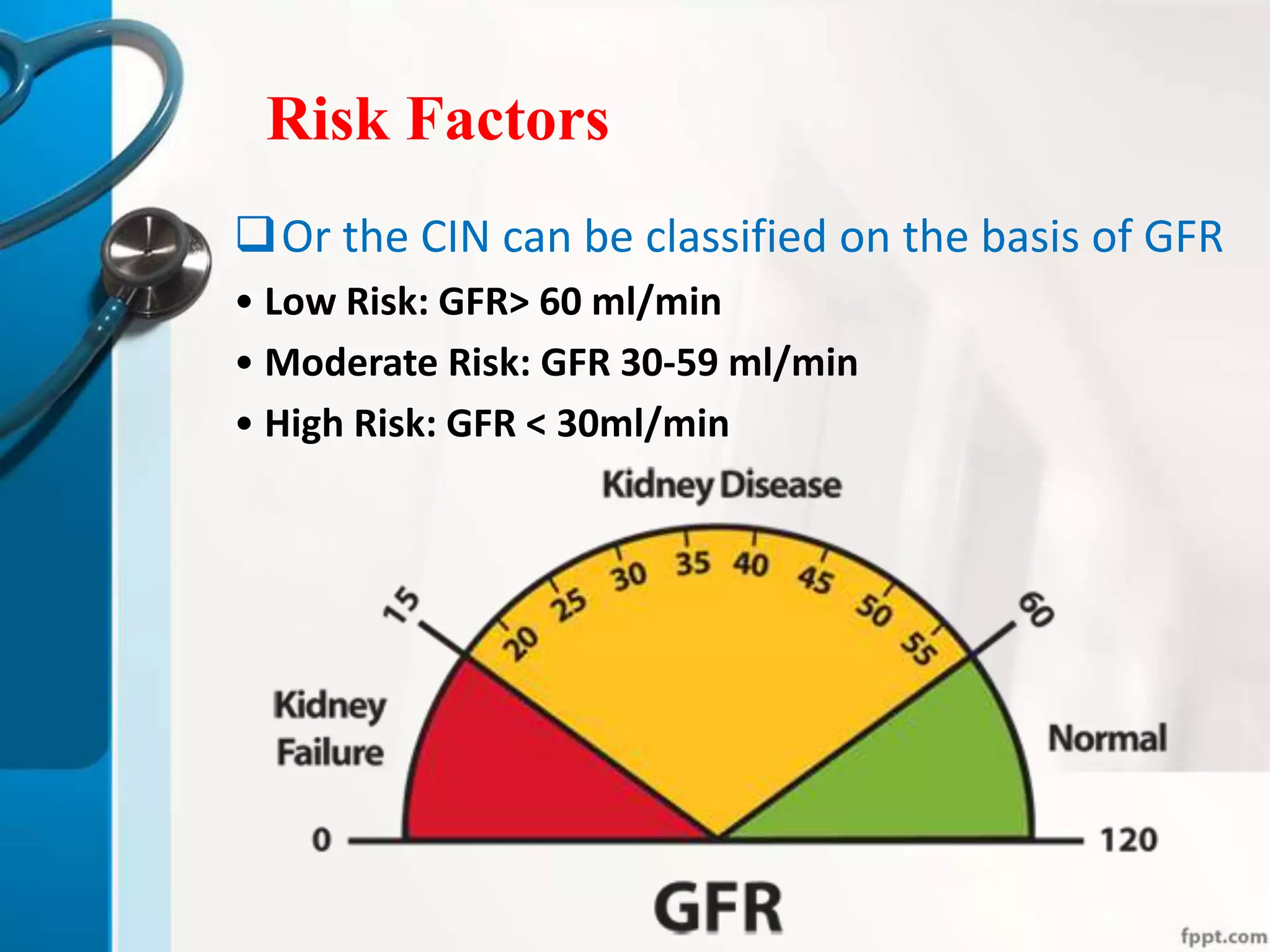 Risk Factors
Or the CIN can be classified on the basis of GFR
• Low Risk: GFR> 60 ml/min
• Moderate Risk: GFR 30-59 ml/min
• High Risk: GFR < 30ml/min
 