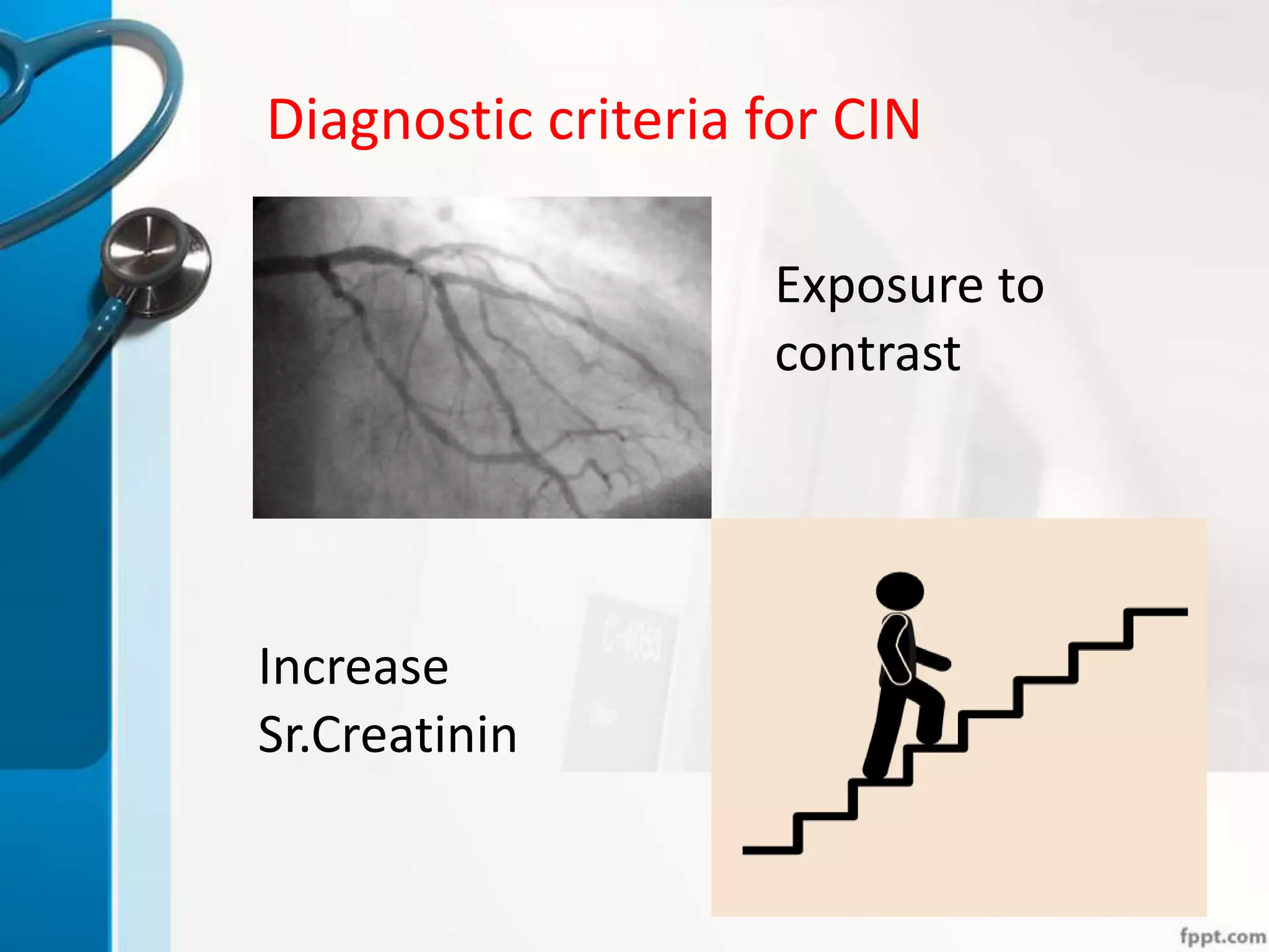 Diagnostic criteria for CIN
Exposure to
contrast
Increase
Sr.Creatinin
 