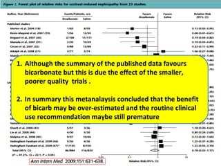 1. Although the summary of the published data favours
bicarbonate but this is due the effect of the smaller,
poorer quality trials .
2. In summary this metanalaysis concluded that the benefit
of bicarb may be over-estimated and the routine clinical
use recommendation maybe still premature
 